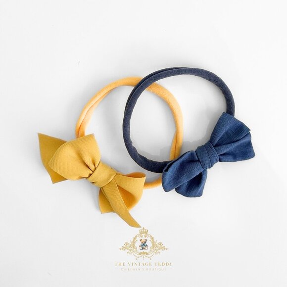 NWT Pretty Girls Bow Headbands Hair Accessory Set of 2 Mustard & Denim Blue OS - Picture 1 of 4